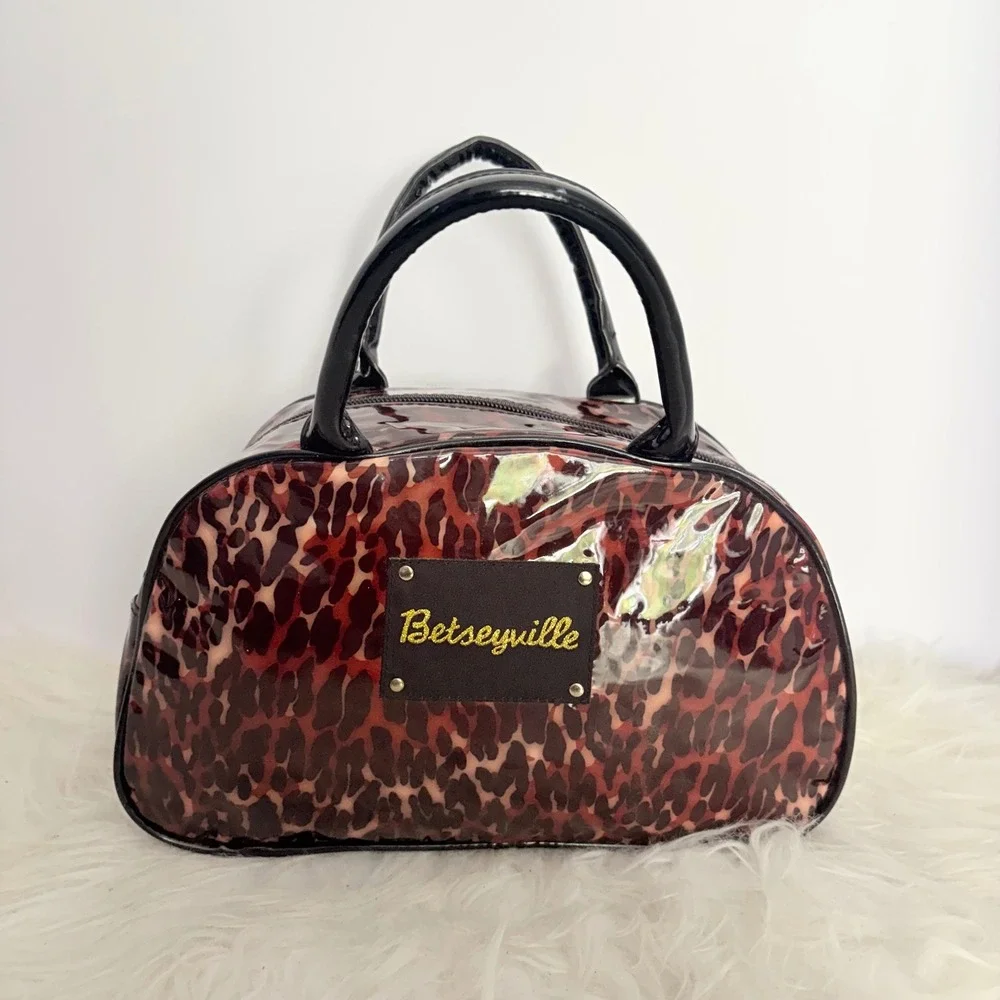 Betseyville Betsey Johnson Leopard Print PVC Mini Bowler Bag y2k Brown Black